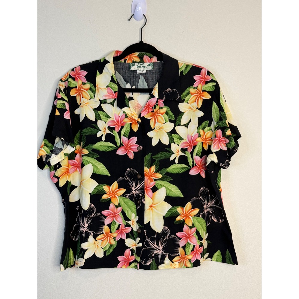 Two Palms Hawaii Women's XL Black Floral Plumeria Hibiscus Camp Shirt